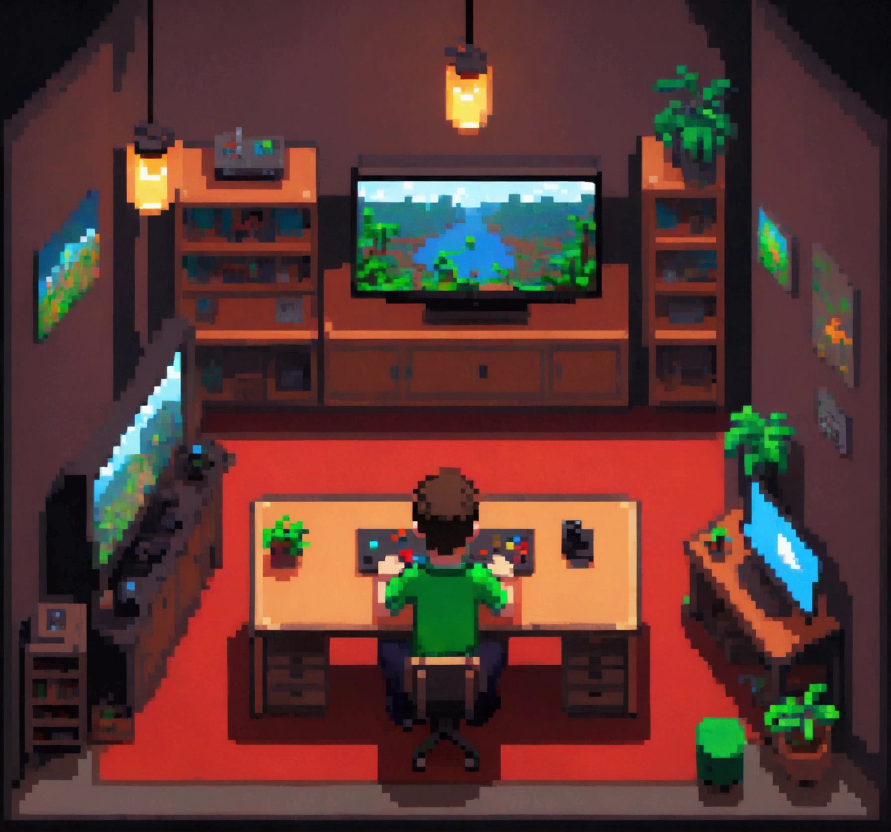 dark pixel art style gamer room, first person boy with hands on table, good details, view from above,