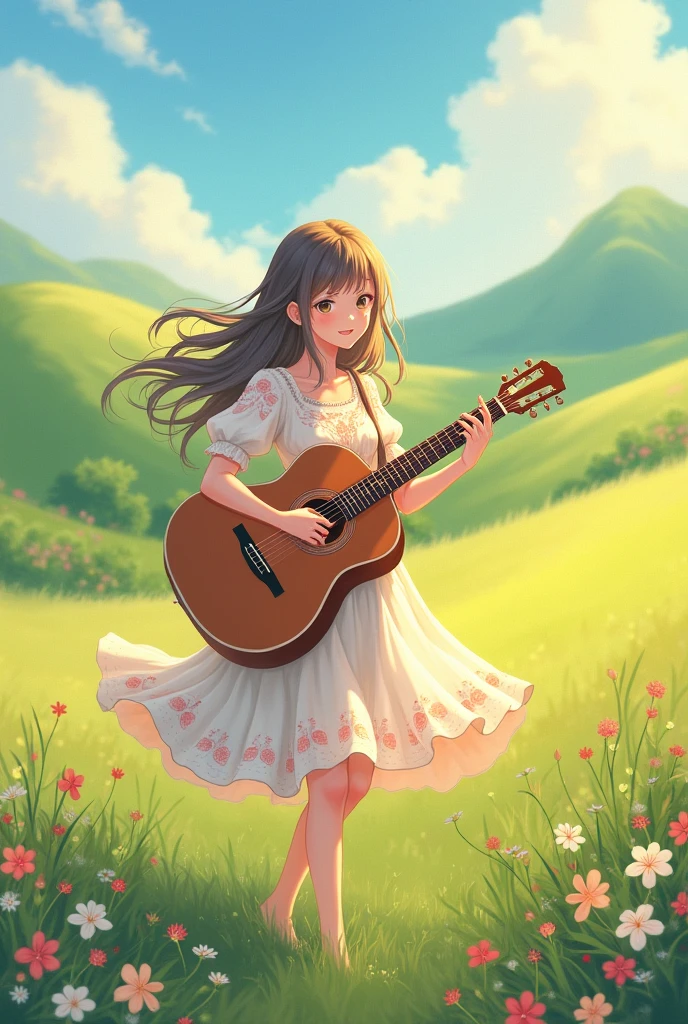 anime girl walking in the field and playing guitar