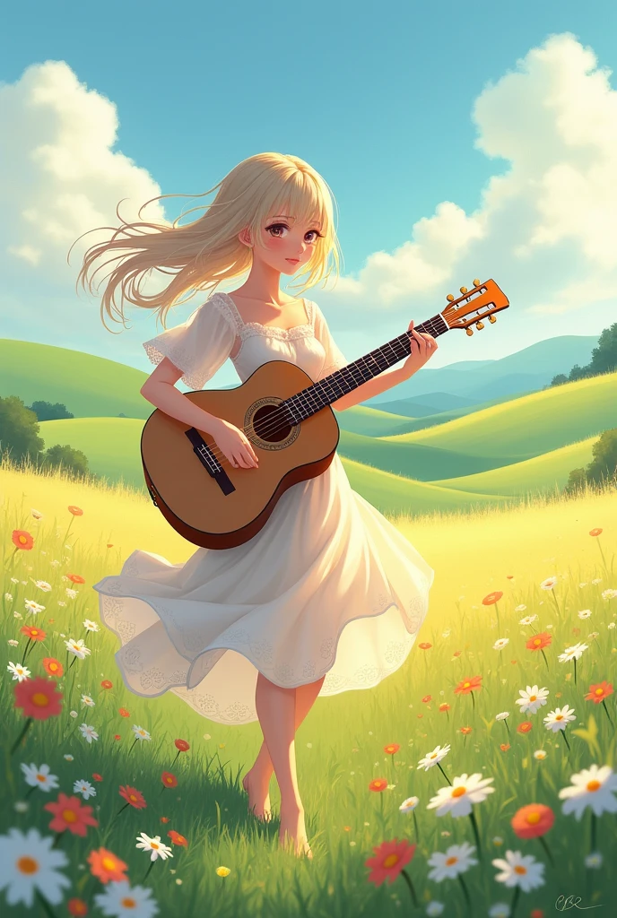 anime girl walking in the field and playing guitar