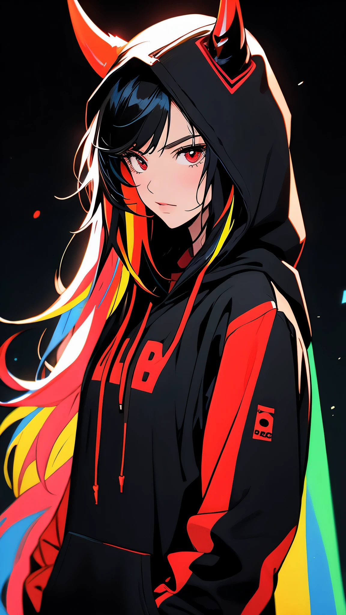 hood, 1girl, black hair, red hair, multicolored hair, red eyes, hoodie, bangs, horns, looking at viewer, long hair, solo, black background, streaked hair, black hoodie, closed mouth, upper body, simple background