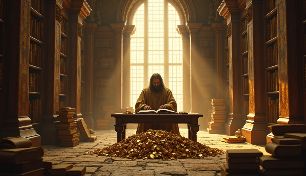 Create a hyper-realistic and mysterious image of Solomon in a vast library, surrounded by shelves full of scrolls. In the center of the library, a pile of gold coins and jewels lies untouched, while Solomon is sitting at a table, completely absorbed in reading a book of wisdom. The golden light coming through the tall windows illuminates the table and the book., leaving the gold in the shade, symbolizing that true wealth lies in knowledge. The scene should convey the idea that prioritizing wisdom over material possessions is the secret to lasting financial success..