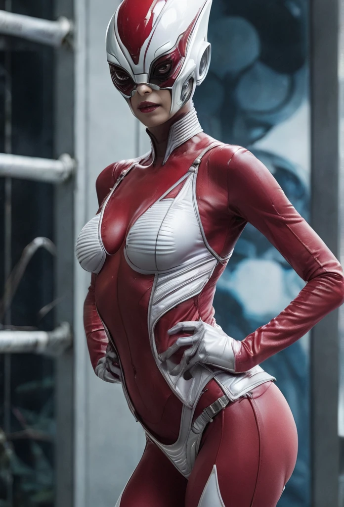 An alien with a crimson body and white lines、Silver Mohawk､Women's Ultra Seven、Sexy pose chest, High resolution, 