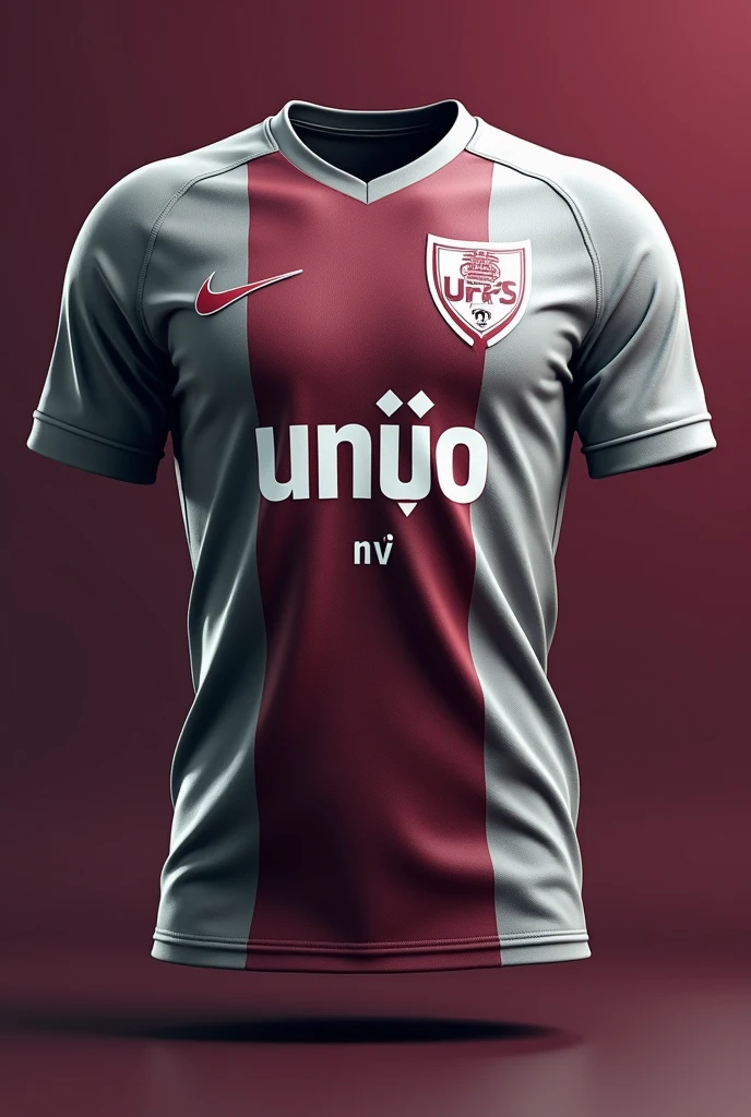 Create a soccer team shield written União MVF on a gray and wine shirt in 3D