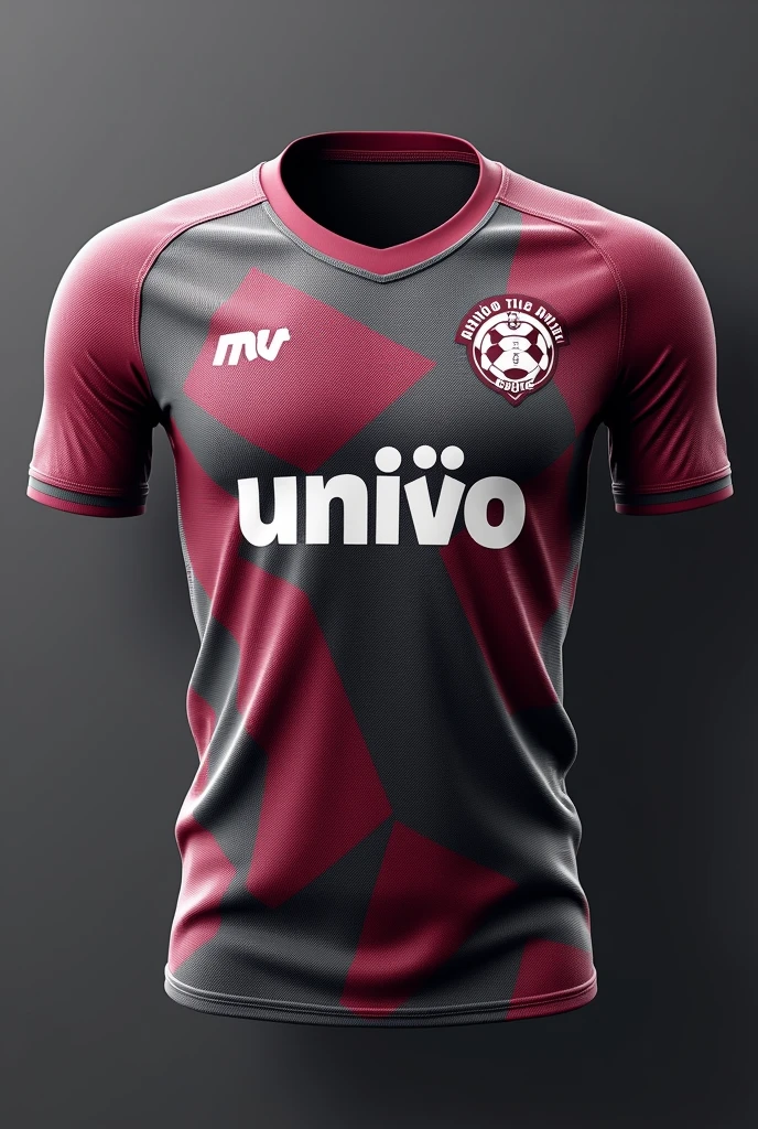 Create a soccer team shield written União MVF on a gray and wine shirt in 3D