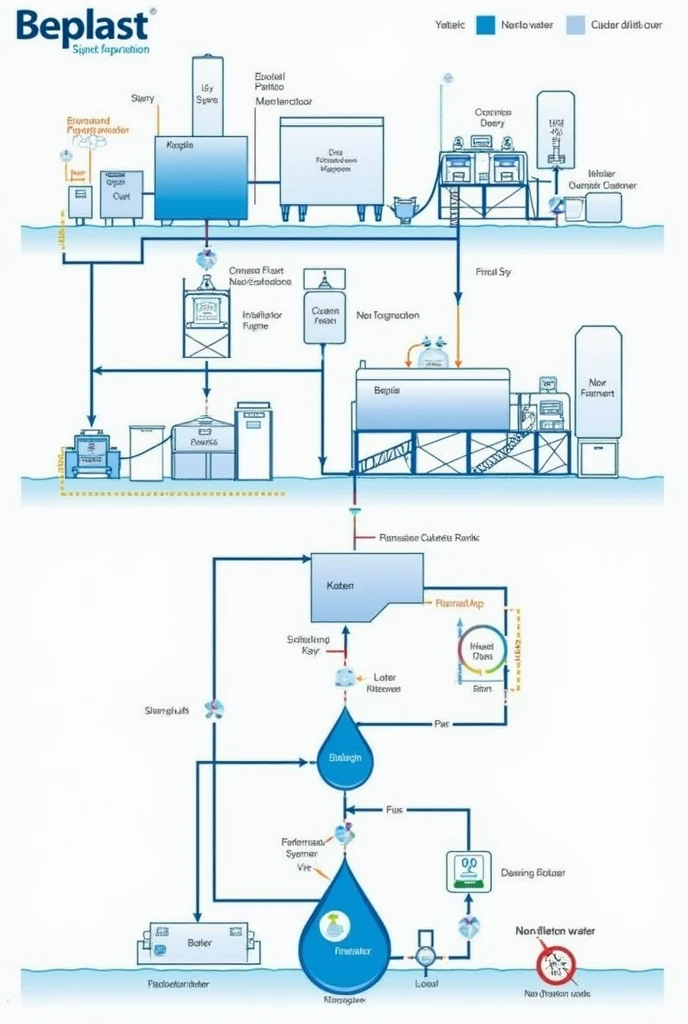 I need a flowchart for the nanofiltration solution at Beplast. The idea is to create a system where water passes through a tank, then through a nanofiltration filter and, Finally, go to the production process. The flowchart should include all the major components and steps involved., like the storage tank, the nanofiltration unit and the connection with the production process. Can you help me work this out??