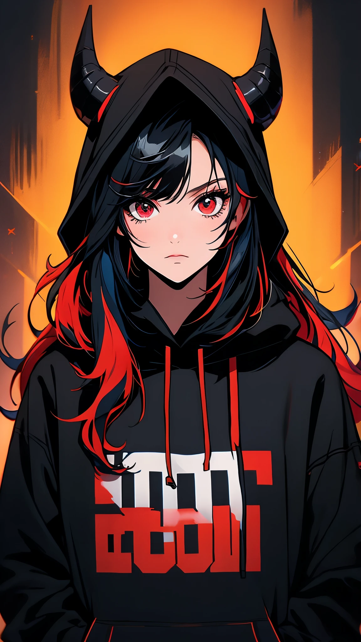 hood, 1girl, black hair, red hair, multicolored hair, red eyes, hoodie, bangs, horns, looking at viewer, long hair, solo, black background, streaked hair, black hoodie, closed mouth, upper body, simple background