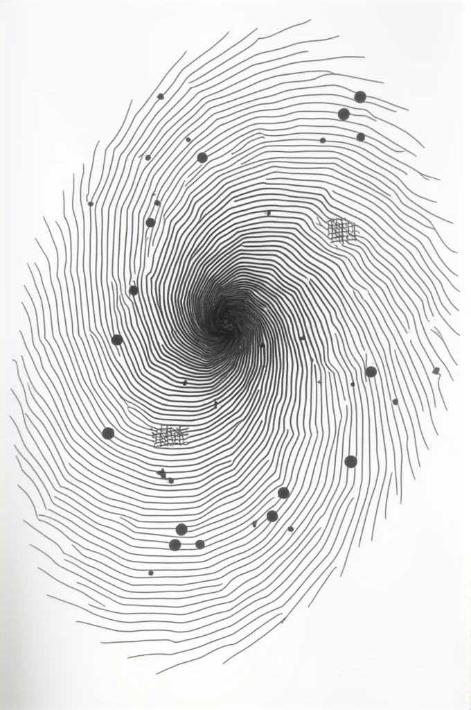 Draw a spiral that starts in the center of the paper and expands outward.. As the spiral moves away from the center, becomes less precise, with more wavy and less defined lines, as if losing strength.
Inside the spiral, draw small circles, some solids and some voids, that follow the path of the spiral. In some sections, add textures with stripes, points, or crossed lines.
On one side of the spiral, place a small geometric shape, like a triangle or a square, that does not fit entirely with the flow of the spiral. This will be your “anomaly”, a point of interest that breaks the repetitive pattern.
Finally, towards the outer edges of the spiral, let the lines fade or break into fragments, giving the impression that the spiral is disintegrating.
This drawing is simple but has a good balance between shape and texture., with a touch of contrast that makes it interesting.