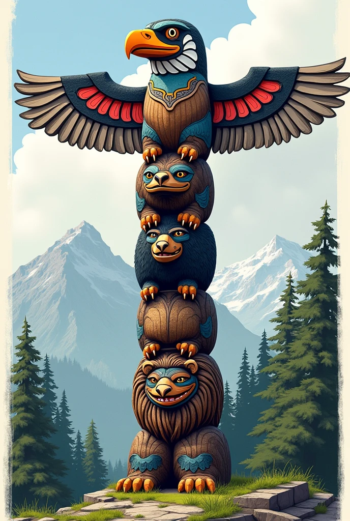 A drawing of a totem of an eagle, a bear and a lion