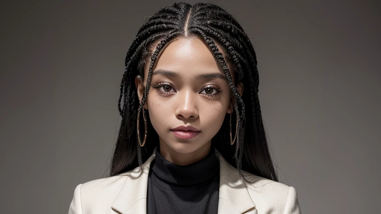 A professional portrait of a young Black woman, around 2, with long and neat Box Braids. She is dressed in a stylish yet professional outfit, such as a blouse or blazer. The background is a solid, neutral color, such as light grey or white, to keep the focus on her. The lighting is soft and flattering, highlighting her features and the texture of her hair. She is looking confidently into the camera with a slight, approachable smile. This image is suitable for use as a professional profile picture.