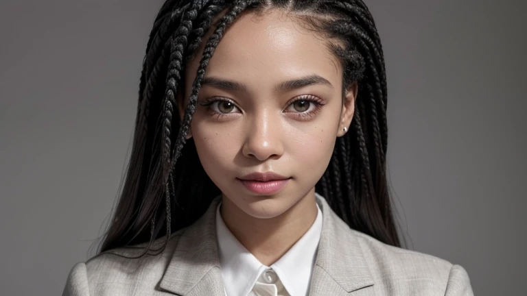 A professional portrait of a young Black woman, around 2, with long and neat Box Braids. She is dressed in a stylish yet professional outfit, such as a blouse or blazer. The background is a solid, neutral color, such as light grey or white, to keep the focus on her. The lighting is soft and flattering, highlighting her features and the texture of her hair. She is looking confidently into the camera with a slight, approachable smile. This image is suitable for use as a professional profile picture.