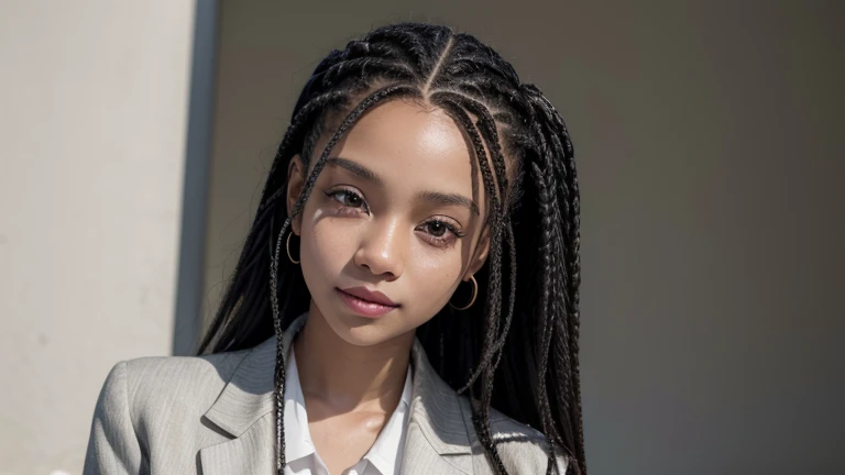 A professional portrait of a young Black woman, around 2, with long and neat Box Braids. She is dressed in a stylish yet professional outfit, such as a blouse or blazer. The background is a solid, neutral color, such as light grey or white, to keep the focus on her. The lighting is soft and flattering, highlighting her features and the texture of her hair. She is looking confidently into the camera with a slight, approachable smile. This image is suitable for use as a professional profile picture.