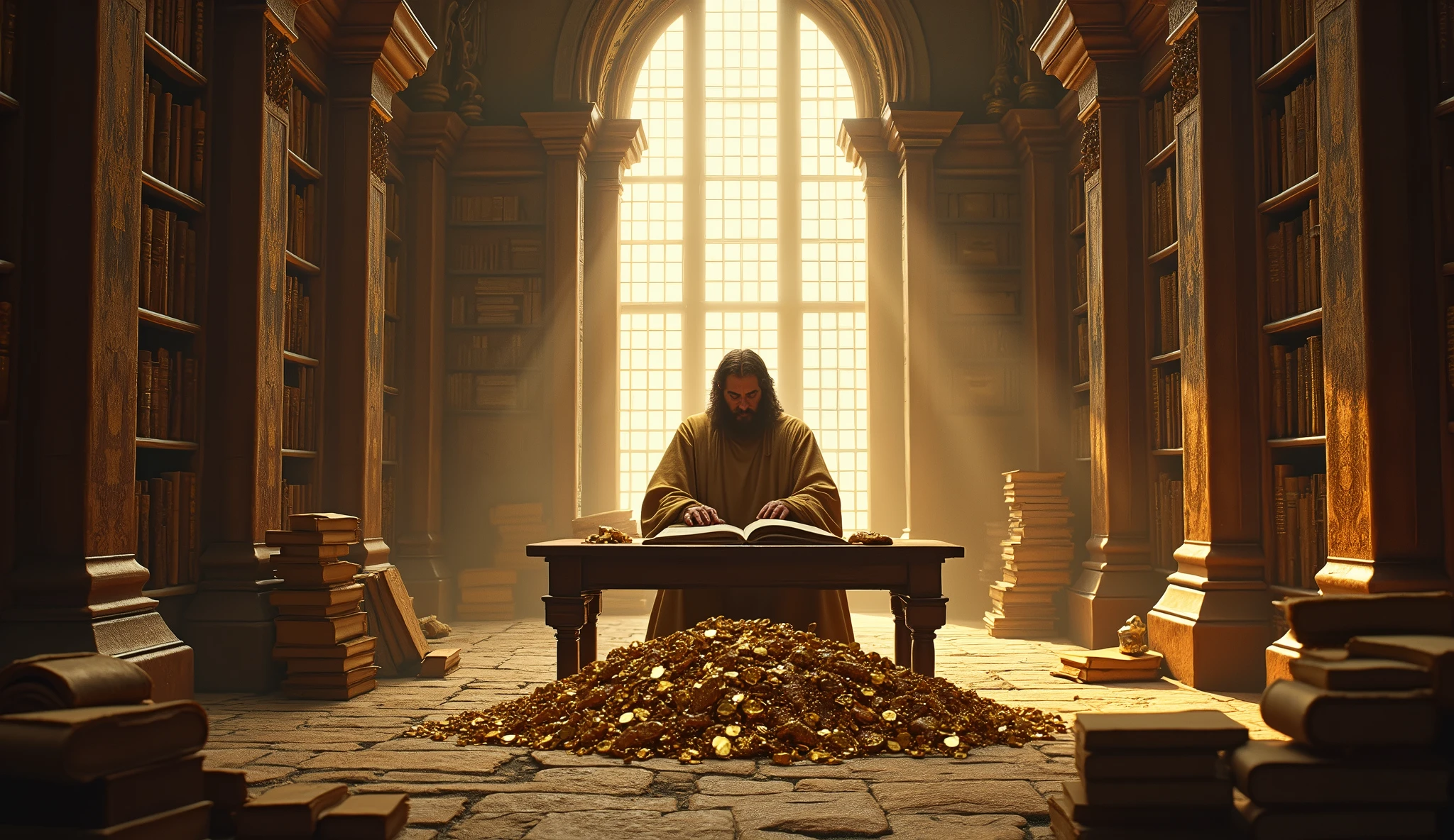 Create a hyper-realistic and mysterious image of Solomon in a vast library, surrounded by shelves full of scrolls. In the center of the library, a pile of gold coins and jewels lies untouched, while Solomon is sitting at a table, completely absorbed in reading a book of wisdom. The golden light coming through the tall windows illuminates the table and the book., leaving the gold in the shade, symbolizing that true wealth lies in knowledge. The scene should convey the idea that prioritizing wisdom over material possessions is the secret to lasting financial success..