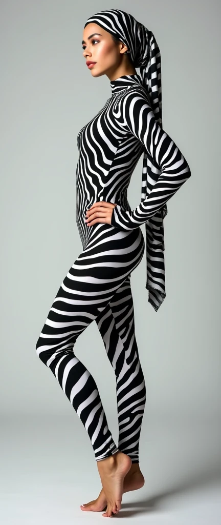 The beautiful Asian muslimah adult girl with beautiful cheeks wears plains zebra print full lycra dancewear turtleneck unitard catsuit covered with stripes and plains zebra print lycra elastane dancewear hijab covered with stripes.