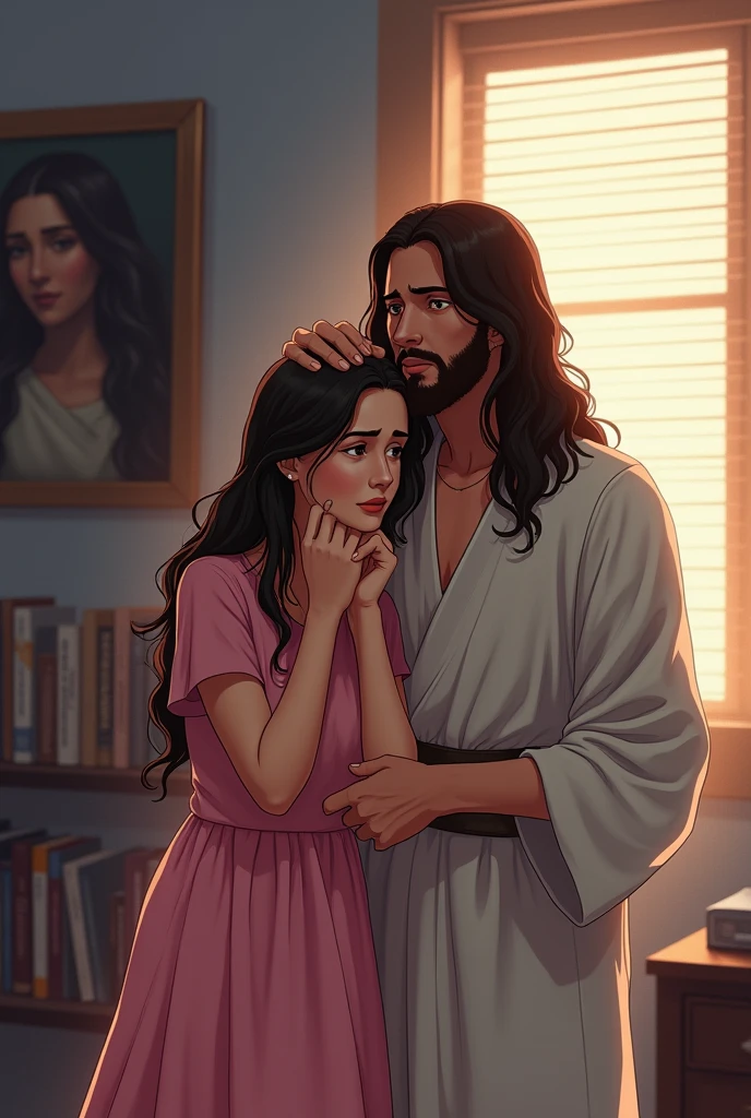 
The image you uploaded is an animation style illustration., showing an emotional scene. Nela, there is a woman in a pink dress sitting in a black armchair, with a sad and worried expression. she's leaning forward, resting your chin on your hands, looking thoughtful. next to her, On the right, Jesus with a serene appearance, long hair and beard, who places a hand on her head in a gesture of comfort. He seems to be comforting the woman.

The environment around them appears to be an indoor room., possibly a room or office. To the left of the image, you can see part of a bookshelf with books and objects, besides a painting on the wall that shows a woman&#39;s face with a sweet expression. Ao fundo, there is a window with closed blinds that allows soft light to enter.

