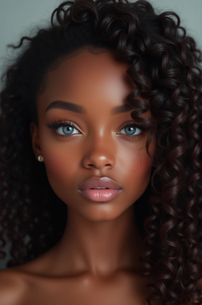 a black girl with blue eyes long eye lashes button nose curly long dark brown hair full pink lips