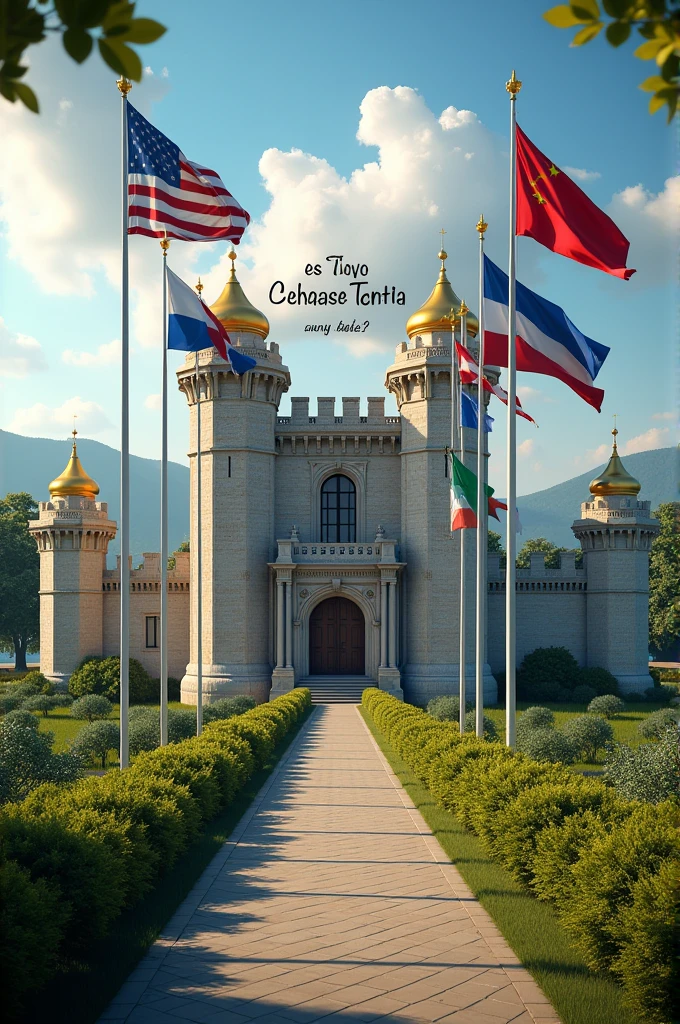Create a model of the Central American Act of Independence, A castle with the Act of Independence inside and outside the castle the 5 Central American flags and above a motto that says 203rd anniversary of the Act of Independence of Central America