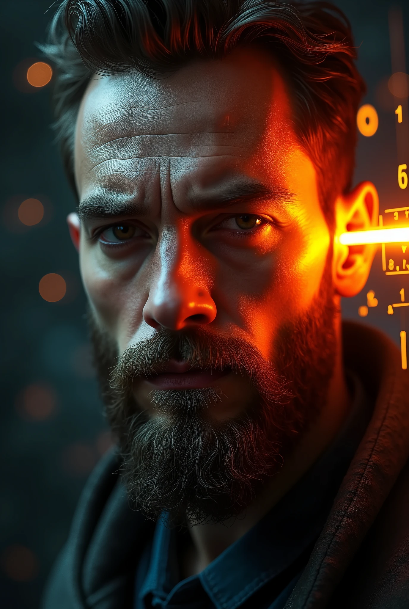 Close-up of a thin bearded man's face, A bright orange holographic beam projected onto the skin on the cheek in the same style as the Flash logo. intense look, realistic features. dark background, cyberpunk aesthetic. Luminous mathematical formulas, handwritten style. Futuristic, high-tech atmosphere. photorealistic rendering, dramatic lighting, sharp contrast