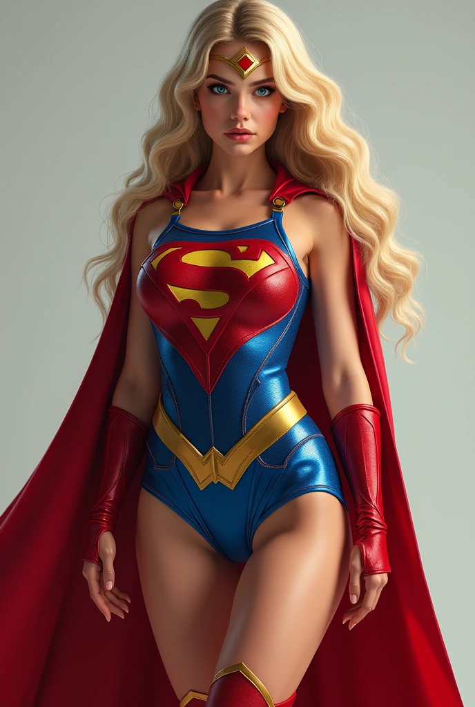 A TEEN FEMALE WITH A HOT BUSTY BODY, LONG BLONDE HAIR AND BLUE EYES WEARING A COMPLETE SEXY SUPERGIRL COSTUME AND CAPE. ABSURD 8K RESOLUTION, INCREDIBLY DETAILED SKIN AND EYES. FULL BODY VIEW.