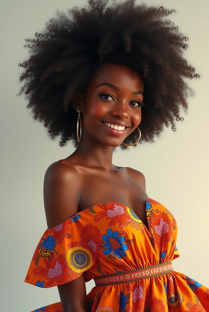 A beautiful black young woman with Afro in her 20s. She should be realistic and human wearing a very colorful dress