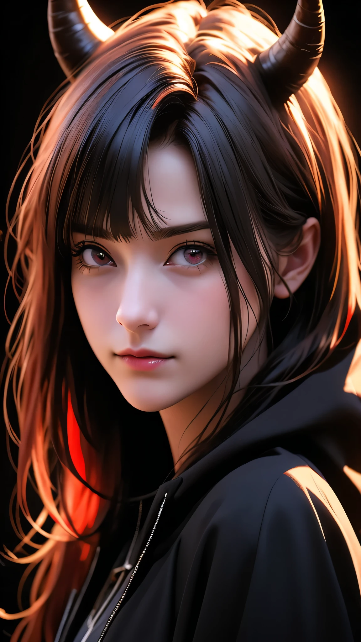 A shy smiling girl with black, red and multicolored hair, red eyes, wearing a black hoodie with bangs, horns, looking at viewer, long hair, against a simple black background, upper body, (best quality,4k,8k,highres,masterpiece:1.2),ultra-detailed,(realistic,photorealistic,photo-realistic:1.37),detailed portrait,digital painting,highly detailed,dark,dramatic lighting,cinematic,moody,atmospheric