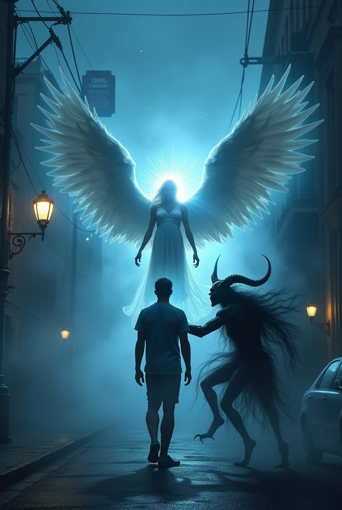 Create an angel trying to protect a man and a demon wanting to attack him, but without success because the angel does not allow it. Use blue and dark colors. on a street.