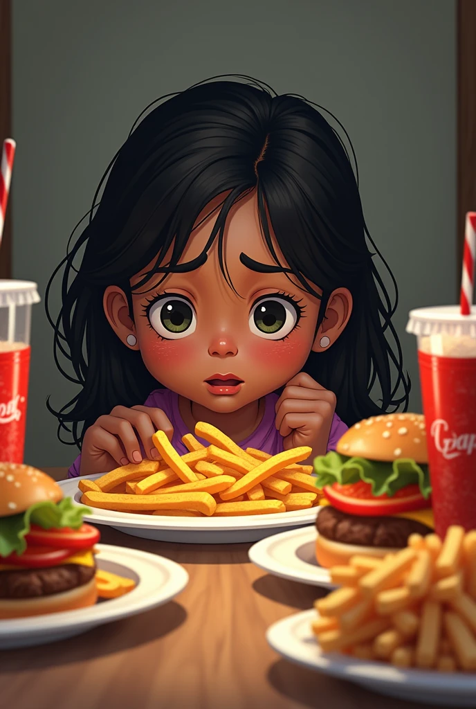 [SCENE 1: Girl morena con expresión de hambre]

Girl: “Ugh… I’m so hungry”.” [Imagine several plates of junk food]
