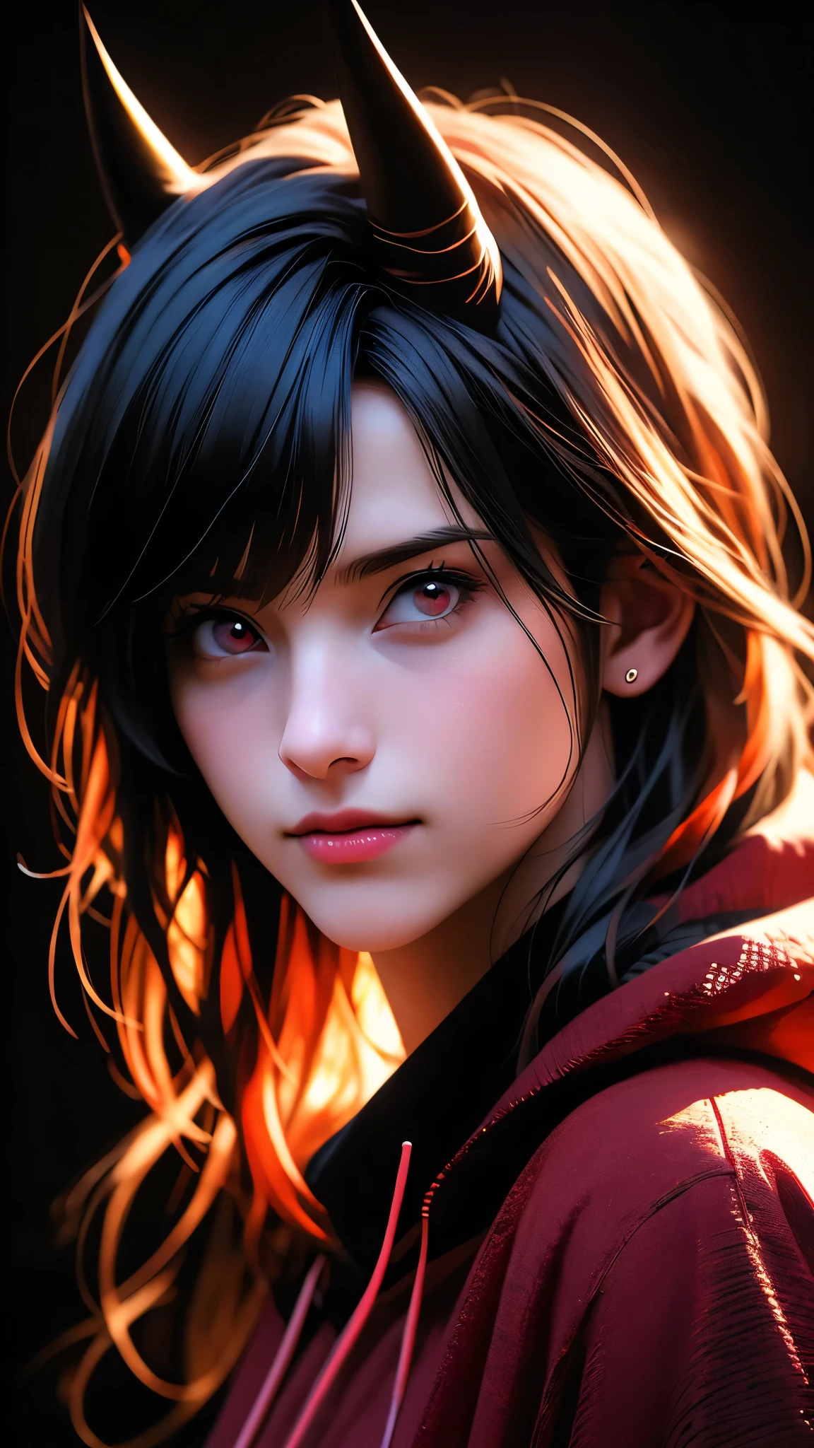 A shy smiling girl with black, red and multicolored hair, red eyes, wearing a black hoodie with bangs, horns, looking at viewer, long hair, against a simple black background, upper body, (best quality,4k,8k,highres,masterpiece:1.2),ultra-detailed,(realistic,photorealistic,photo-realistic:1.37),detailed portrait,digital painting,highly detailed,dark,dramatic lighting,cinematic,moody,atmospheric
