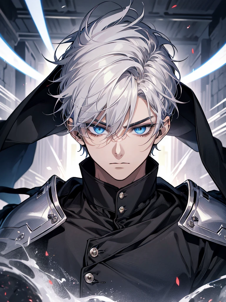 Masterpiece, High quality, Portrait, anime style, man,17 year old boy, หน้าตาhandsome, glowing eyes, ผู้manอนิเมะตัวสูงที่มีตาสีฟ้า, short white hair, ((blue eyes)),Quiff Hairstyles, ((Short white hair)), [Thick eyebrows], ((black long coat)), ((all black)), (blue eyes) , handsome , Facial expressions, black knight armor , black fur shawl(Masterpiece,best quality,special, (Broad shoulders)) (muscle),Sleep well.,lean back,Lie down