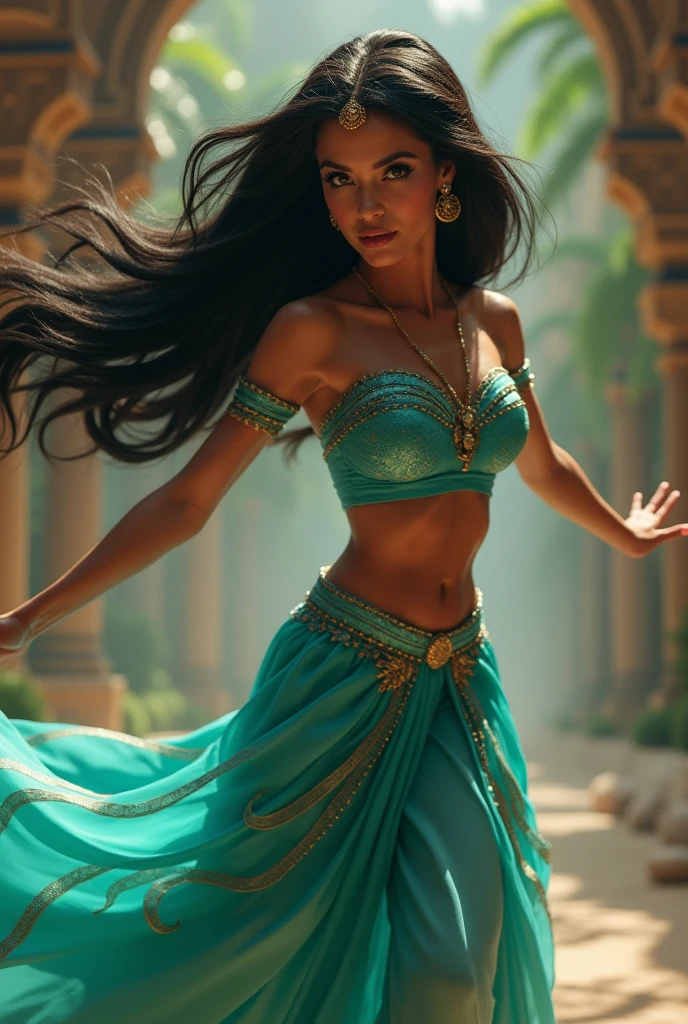 Stunning Princess Jasmine, photo in 8k, in action, cinematic.