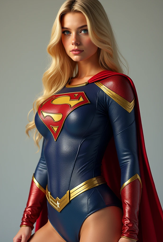 A FEMALE WITH A HOT BUSTY BODY, LONG BLONDE HAIR AND BLUE EYES WEARING A COMPLETE SEXY SUPERGIRL COSTUME AND CAPE. ABSURD 8K RESOLUTION, INCREDIBLY DETAILED SKIN AND EYES. FULL BODY VIEW.