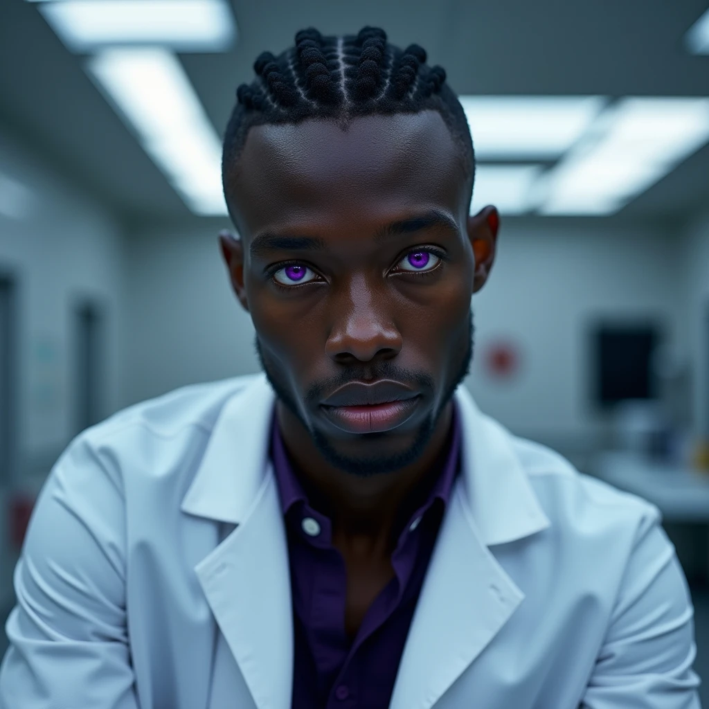 Photograph headshot, hair curled side part, very tall French featured male model, shaved, toned body, ebony skin, vibrant purple eyes, tall thin toned body. Gentle smile expression. Doctor coat, dark purple shirt, modern sci-fi hospital office.