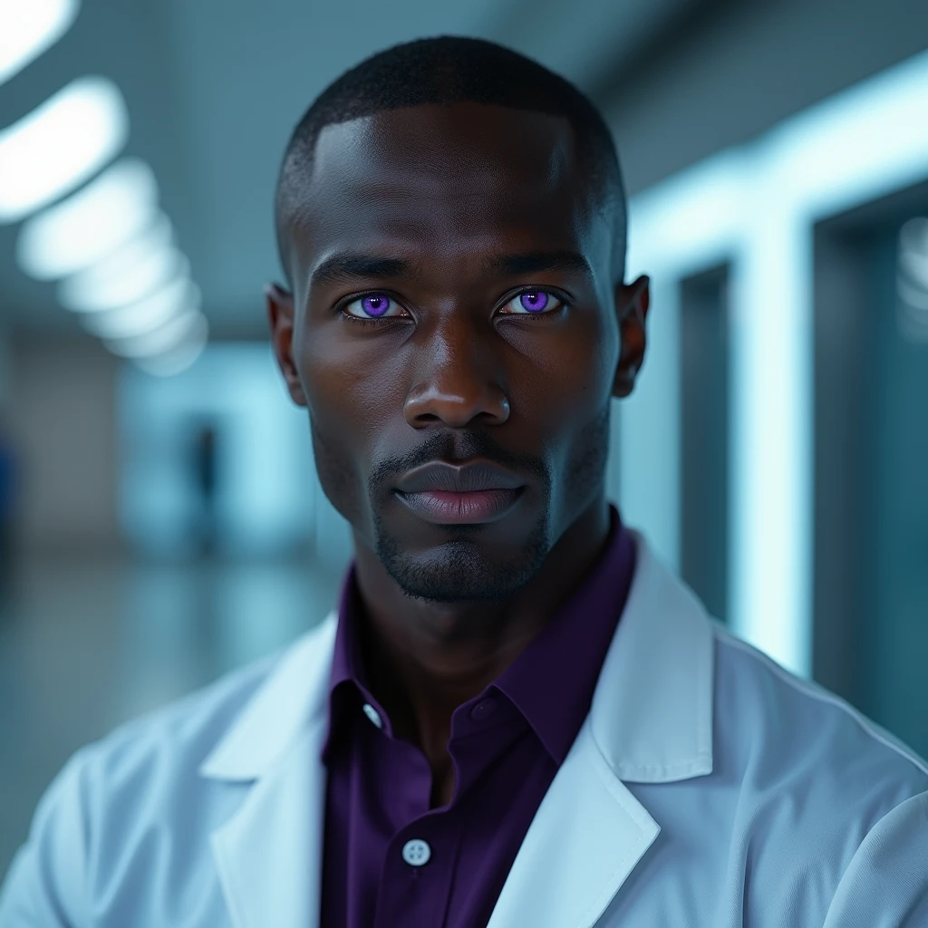 Photograph headshot, hair curled side part, very tall French featured male model, shaved, toned body, ebony skin, vibrant purple eyes, tall thin toned body. Gentle smile expression. Doctor coat, dark purple shirt, modern sci-fi hospital office.