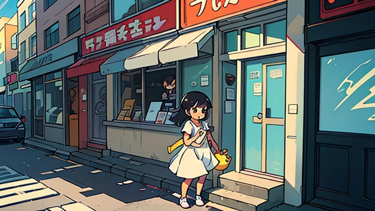 (best qualityer:0.8) perfect illustration of anime cartoon cartoon The sun beat down relentlessly on the street , its light reflected clearly on the walls
