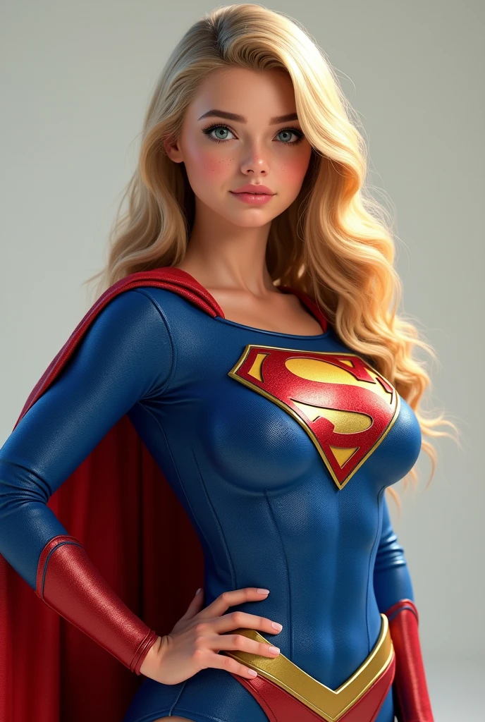 A TEEN FEMALE WITH A HOT BUSTY BODY, LONG BLONDE HAIR AND BLUE EYES WEARING A COMPLETE SEXY SUPERGIRL COSTUME AND CAPE. ABSURD 8K RESOLUTION, INCREDIBLY DETAILED SKIN AND EYES. FULL BODY VIEW.