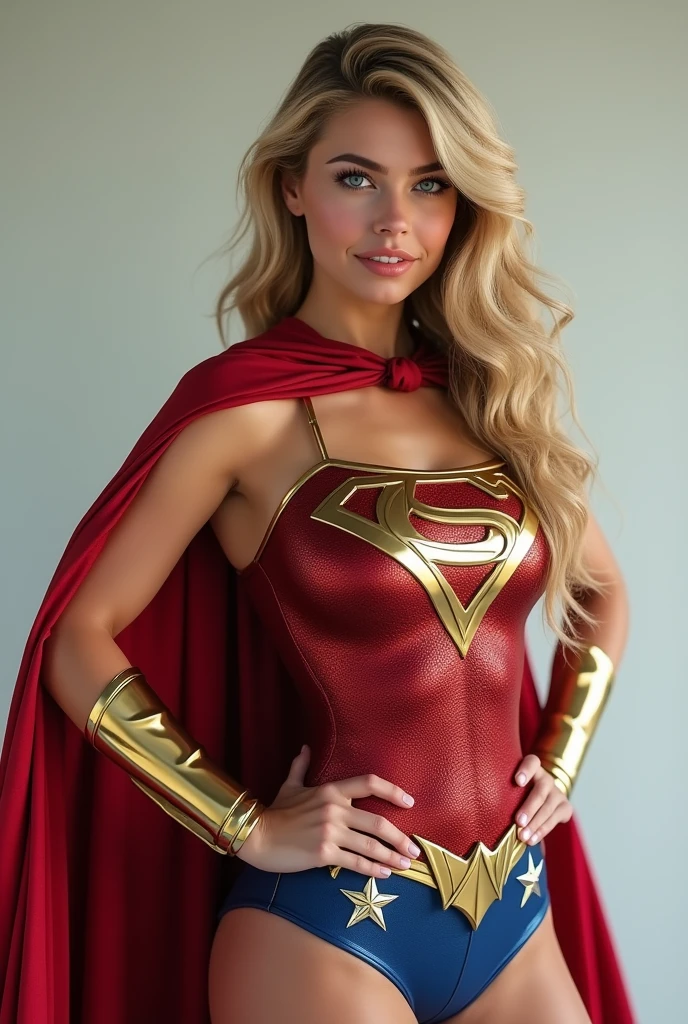 A TEEN FEMALE WITH A HOT BUSTY BODY, LONG BLONDE HAIR AND BLUE EYES WEARING A COMPLETE SEXY SUPERGIRL COSTUME AND CAPE. ABSURD 8K RESOLUTION, INCREDIBLY DETAILED SKIN AND EYES. FULL BODY VIEW.