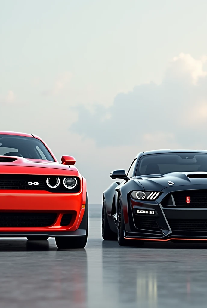 Create four cars the dodge challenger on the left, the Medium Tactical Vehicle Replacement on the right, the Ford Mustang on the right, the supra mk4 on the left