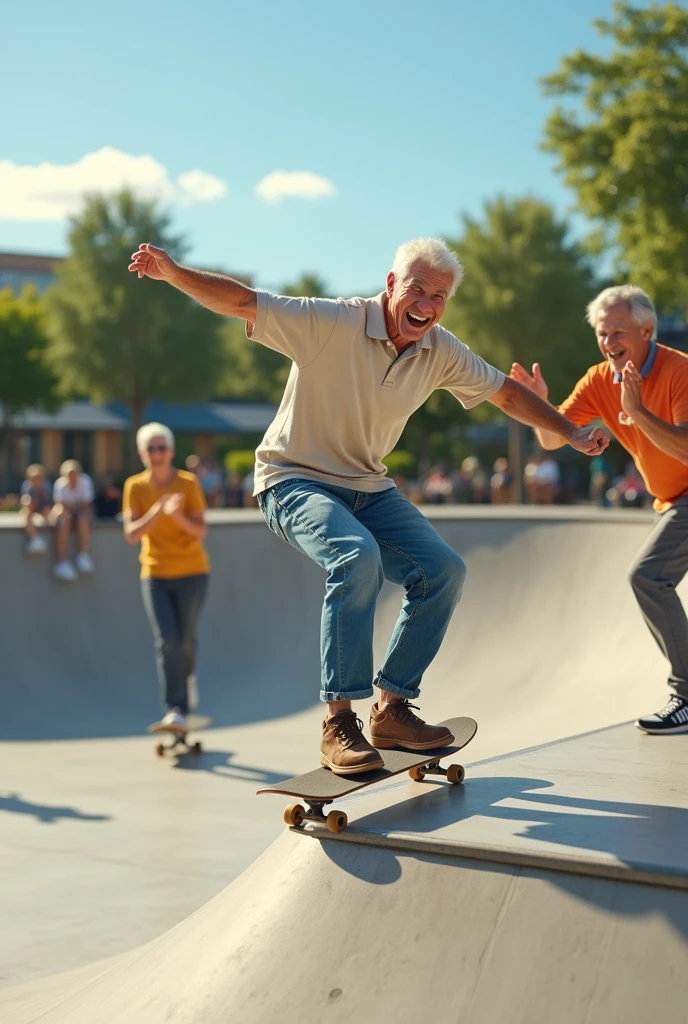 Seniors on a skate track, with one performing an 'ollie' while the others cheer enthusiastically from the ramp.