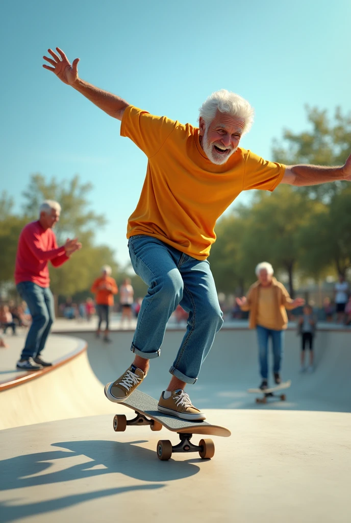 Seniors on a skate track, with one performing an 'ollie' while the others cheer enthusiastically from the ramp.