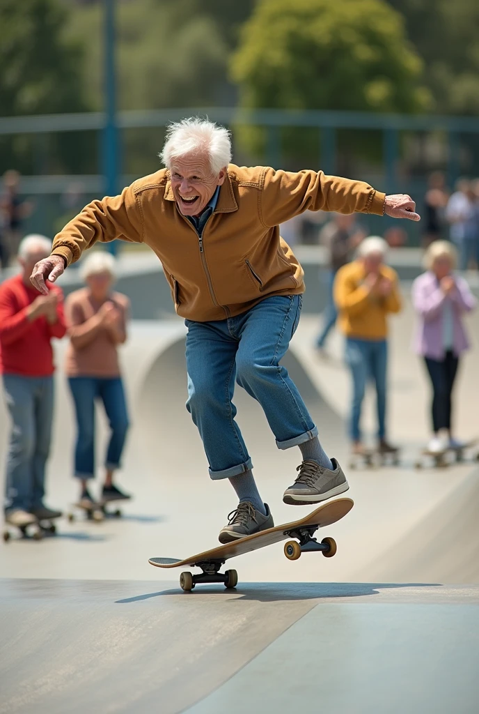 Seniors on a skate track, with one performing an 'ollie' while the others cheer enthusiastically from the ramp. 