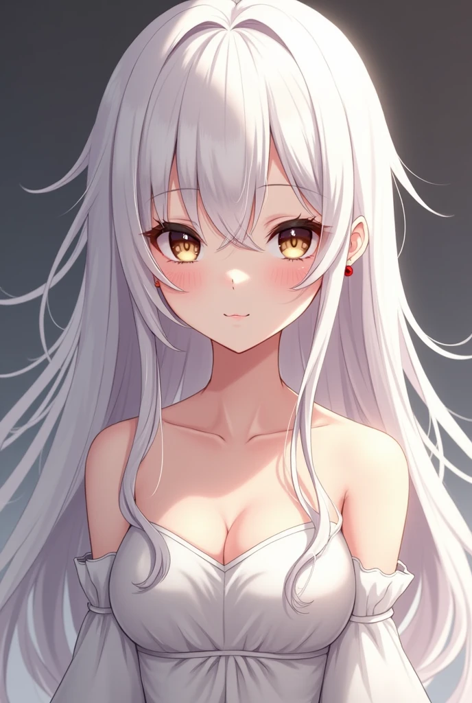 a anime character has Long white hair limited at the neck and has some red touches. Brown eyes. Round earrings. small chest not visible to people