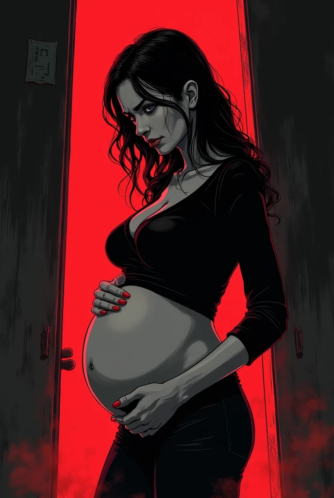 Pregnant woman suspense drawing for book cover non-realistic manga type red and black