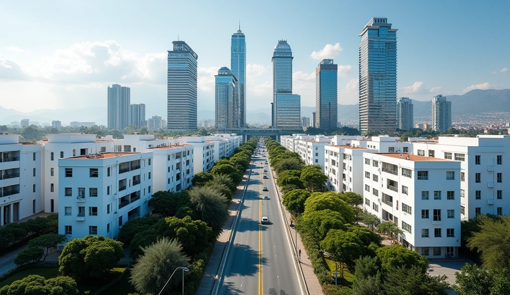 Create a realistic image in the form of a photograph that captures the city of Arequipa with an aerial view. on an important avenue that has on its sides eight residential buildings of modern and elegant design in white, each one with a different design, each with 15 floors and a height of 50 meters. It includes four commercial buildings with reflective mirror facades, each 15 stories and 50 meters high and of different design. Be sure to incorporate trees and vegetation into the environment to give it a natural touch. The perspective must show a panoramic view that highlights the scale and design of these buildings in the urban context of Arequipa.
