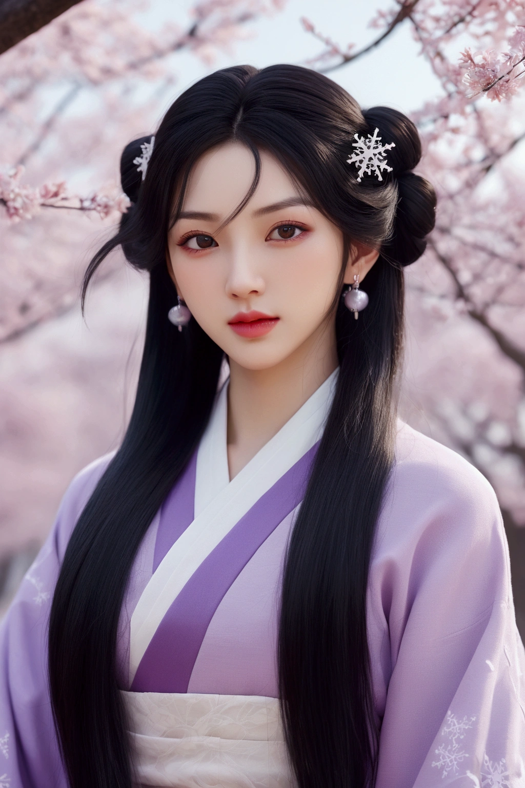 evil anime human woman. half-up long black hair. fair skin. purple eyes. gigantic boobs. Modest Wuxia clothes. snowflake necklace. mauve smirking lips. Realism style. 3D anime model style. CGI animation. Wuxia style. Frosted Garden background.