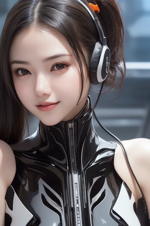 Top Quality, Masterpiece, Ultra High Resolution, (Photorealistic: 1.4), Raw Photo, 1 Girl, Black Hair, Glossy Skin, 1 Mechanical Girl, (((Ultra Realistic Details)), Portrait, Global Illumination, Shadows, Octane Rendering, 8K, Ultra Sharp, Intricate Ornaments Details, realistic skin, sweat effect, ((wearing Headphone)), very intricate detail, realistic light, CGSoation trend, brown eyes, glowing eyes, matte black and glossy orange mechanical bodysuit, Long hair, black hair, Ponytail hair, full body shot, spaceship bridge background, dynamic pose, cute smile, close up, 