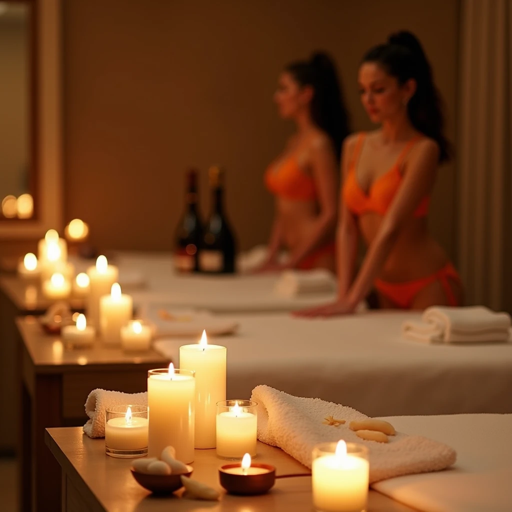 a luxurious spa with massage tables, a small buddha figure, many candles, wine bottles, in the background 2 women in orange lingerie blurred, in the background 60 year old man in dressing gown, blurred, open shot