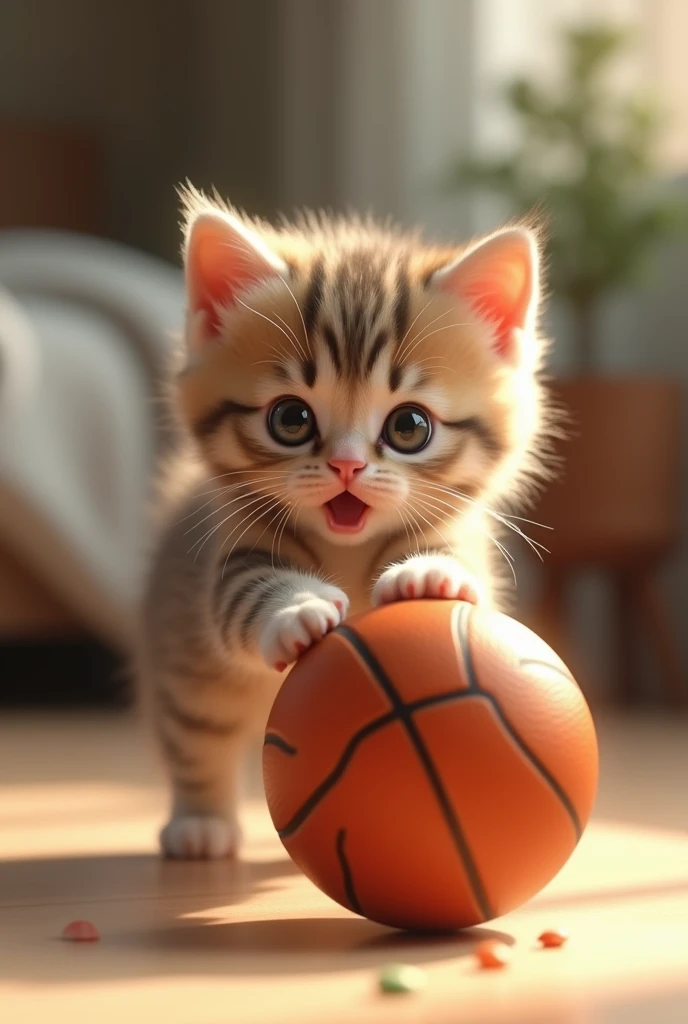 Cute kitten playing basketball