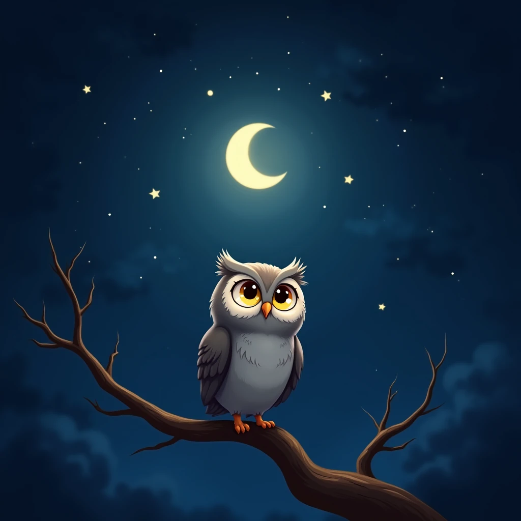 A cute and mystical owl with gray feathers, perched on a tree branch under a starry sky, its big, expressive yellow eyes looking up at the stars. The scene is illuminated by a soft, glowing moonlight, with tiny twinkling stars scattered across the dark blue sky. The owl has a friendly, wise expression, and the overall style is a blend of cartoon and storybook illustration, with simple, picture-book-friendly colors and soft shading