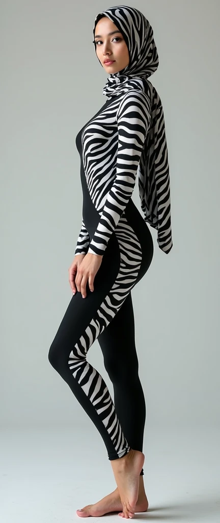 The beautiful Asian muslimah adult girl with beautiful cheeks wears plains zebra print full lycra dancewear turtleneck unitard catsuit covered with stripes and plains zebra print lycra elastane dancewear hijab covered with stripes.