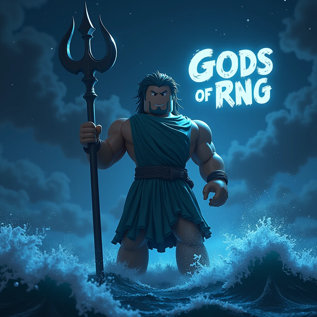 Poseidon with his trident at night as a roblox character and hide his nipples ( add text saying “gods of RNG” in the background and make it big)