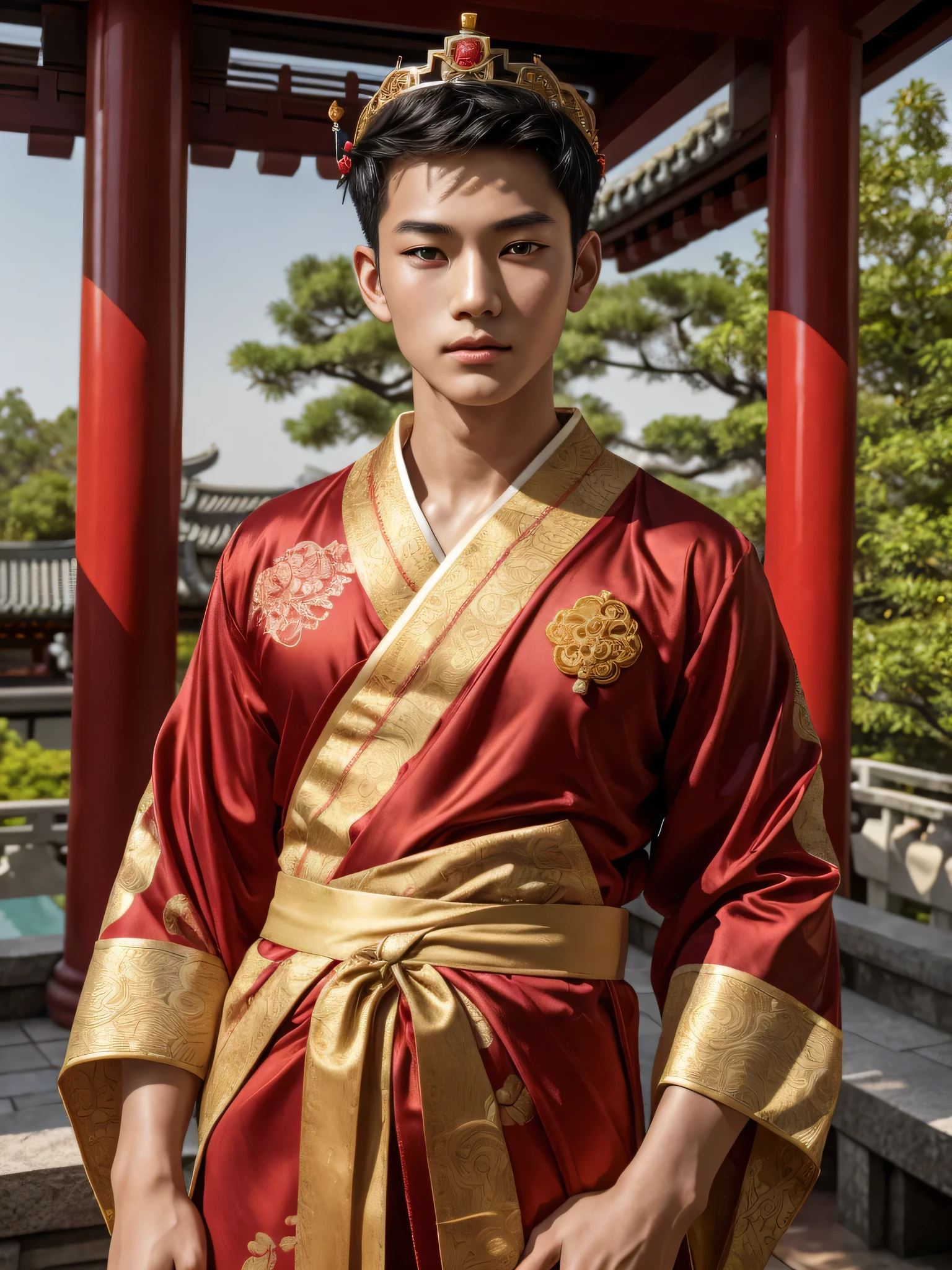 (masterpiece:1.2, photorealistic:1.4, ultra realistic, super detailed, 4k, best quality), an 16-year-old Chinese boy wearing only a translucent see-through red silk kimono in a chinese garden, prince with crown on his head, young face, chinese idol, very slim body build, skinny, twink, light muscle definition, young boy, handsome face, Cute and lively, detailed eyes, detailed face, full body image, Super refined, detailed face, detailed eyes, ultra realistic skin, shot on Nikon d850 50mm, dlsr, RAW, natural day time lighting
